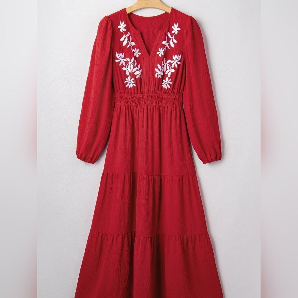 Contrast Embroidered Detail Cinched Waist Tiered Long Sleeve Maxi Dress